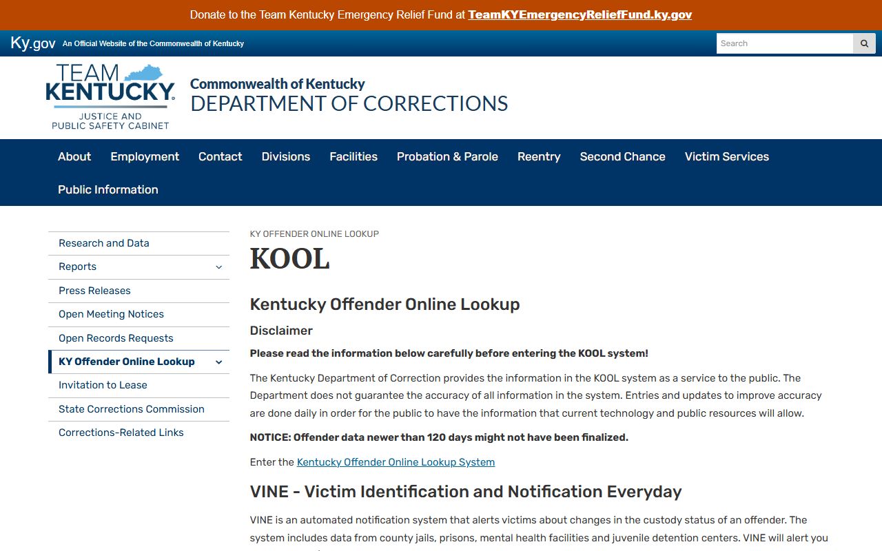 Union County inmate search using Kentucky DOC KOOL records